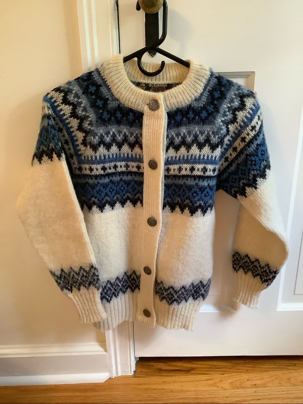 Cream and Blue Fair Isle Wool Button-Up Cardigan